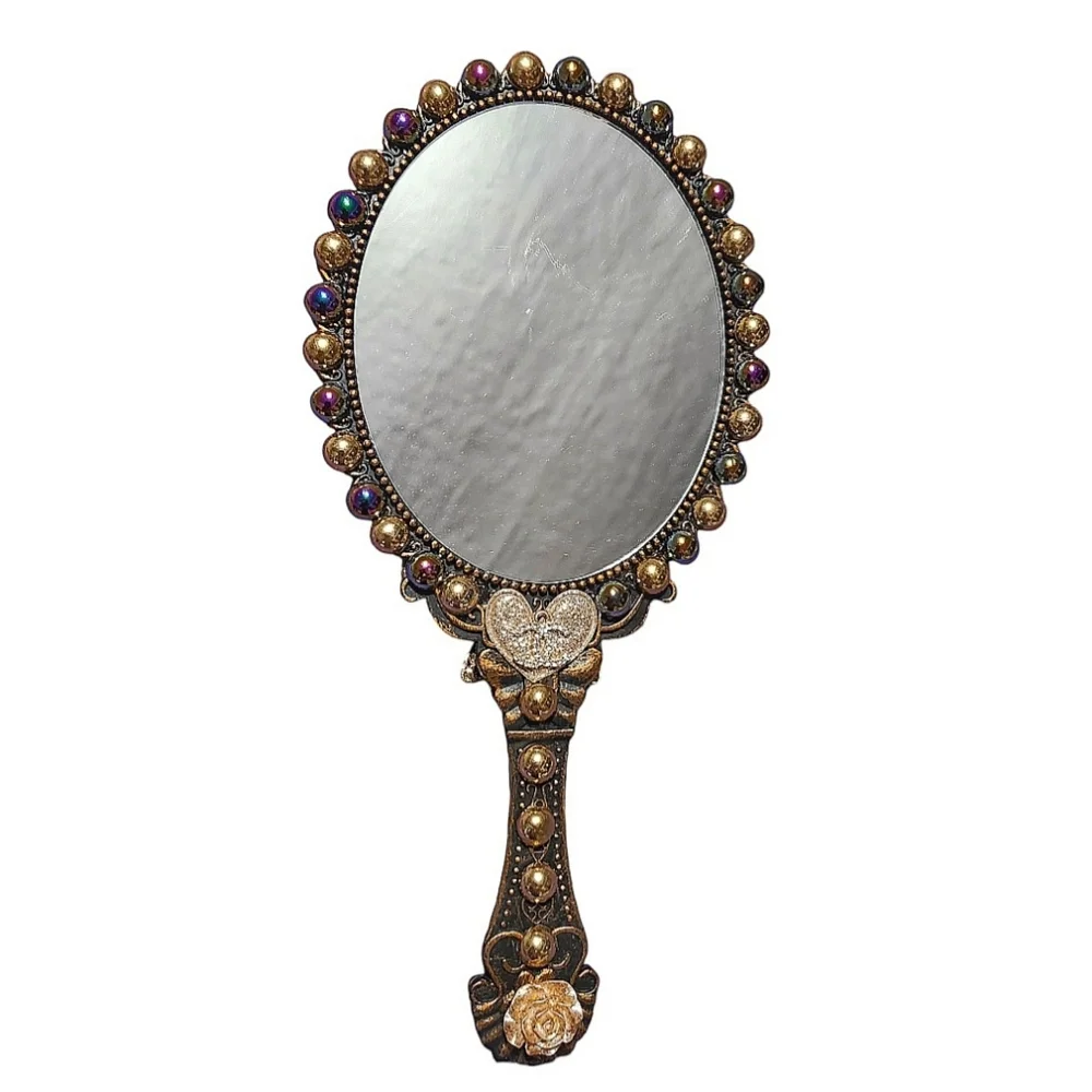 Handheld Beauty Makeup Mirror Clay Doll Bling Embellished Decorated Gold Black